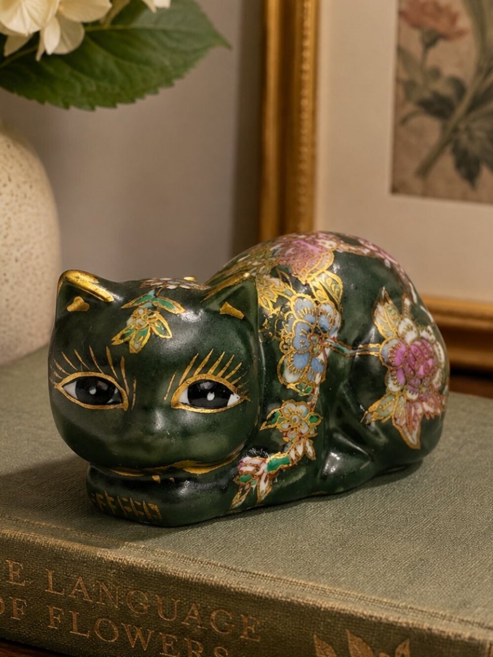 Vintage Floral Porcelain Cat Figurine Gold Gilt Green Kitty Collectible Decor